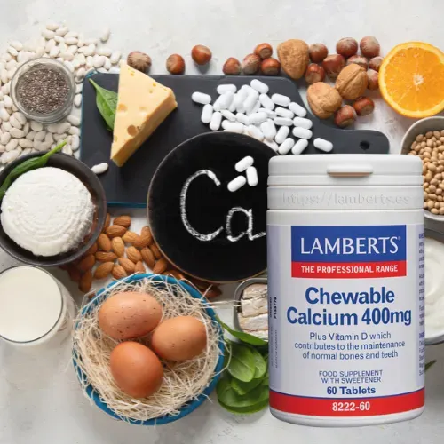 Calcio Masticable 400 mg con Vitamina D y FOS Lamberts sabor limón en comprimidos Suplemento Calcio 400 mg con Vitamina D y FOS de Lamberts en comprimidos masticables sabor limón