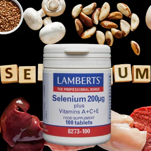 Selenio 200 mcg con Vitaminas A C y E Lamberts en comprimidos Suplemento Selenio 200 mcg con Vitaminas A, C y E de Lamberts en comprimidos una al día