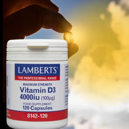 Vitamina D3 Colecalciferol 4000 UI Lamberts 100 mcg Suplemento Vitamina D3 Colecalciferol 4000 UI 100 mcg Lamberts en envase de 120 cápsulas