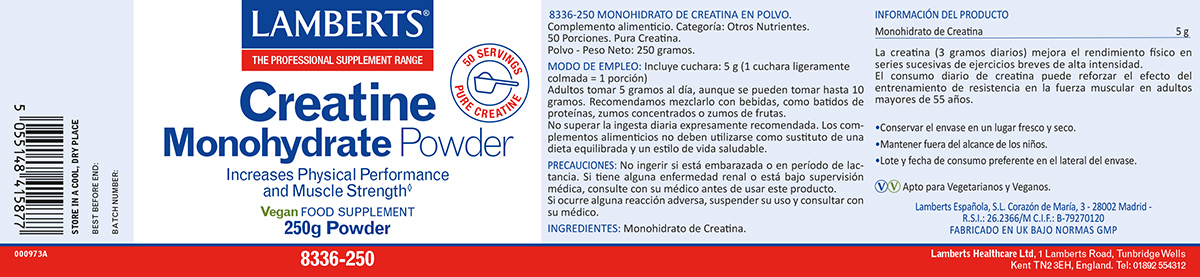 Etiqueta oficial del Monohidrato de Creatina en Polvo Lamberts, referencia 8336-250