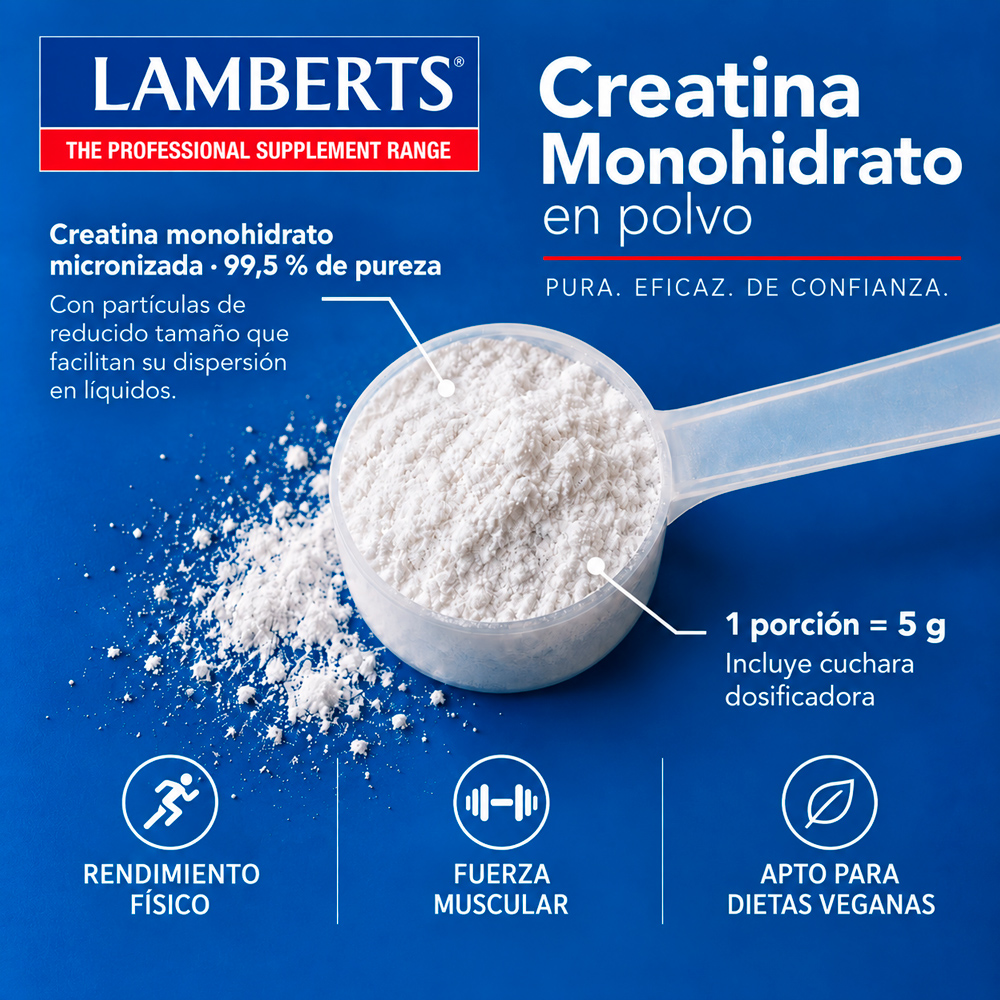 Cuchara dosificadora con creatina monohidrato micronizada Lamberts, 5 g por porción