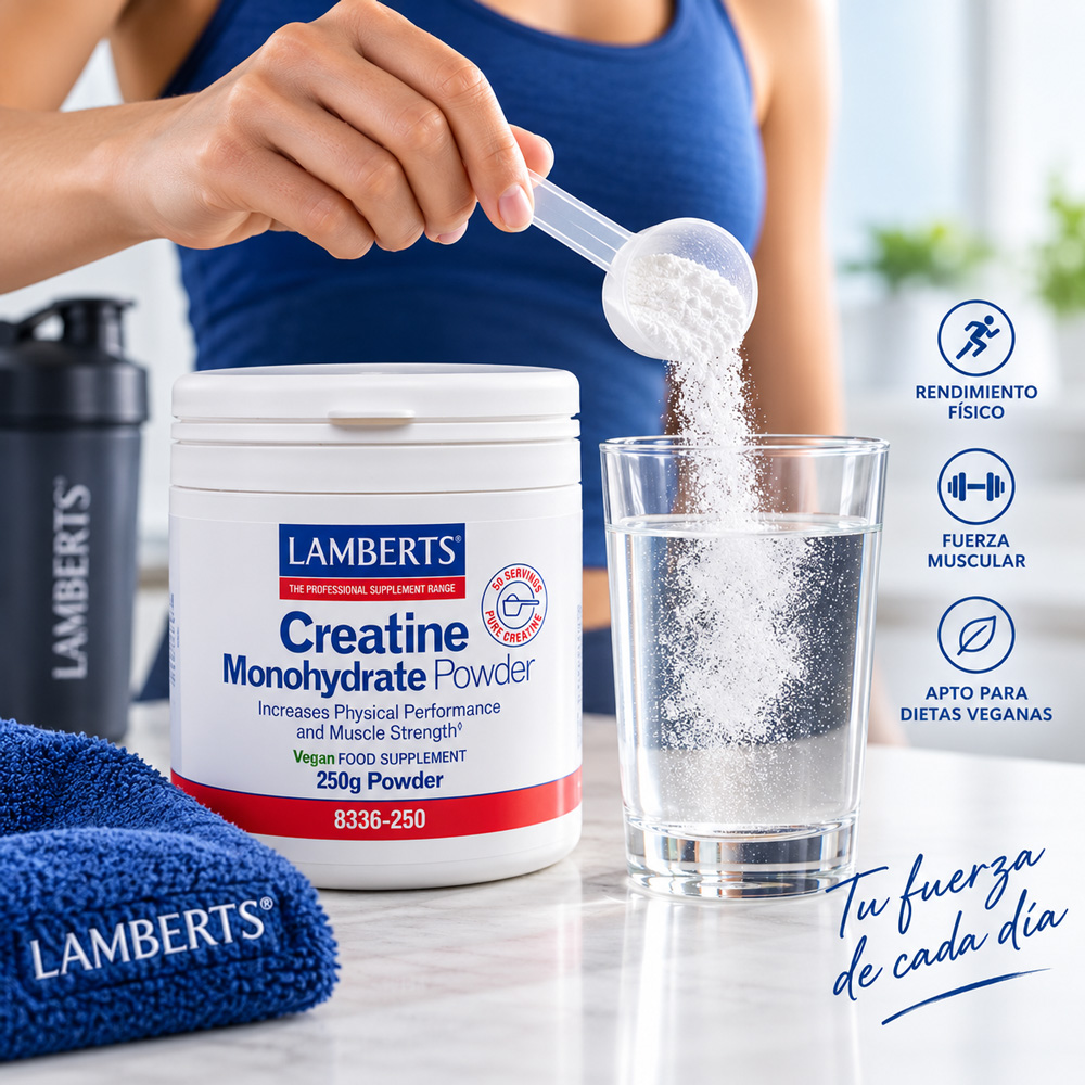 Persona dosificando Monohidrato de Creatina Lamberts en un vaso de agua