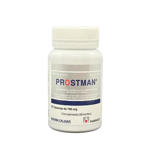 Prostman de Fharmocat, 50 cápsulas de 790 mg; complemento para salud prostática y urinaria masculina. Distribución CN Holística en Canarias.