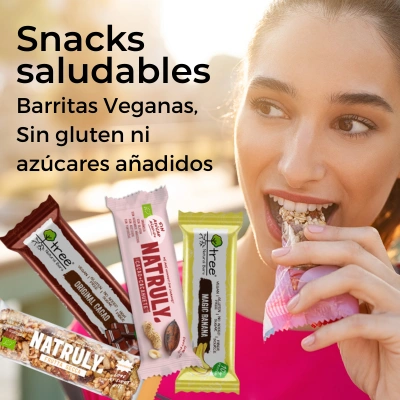 barritas Tree Natural Bars y Natruly, snacks saludables elaborados con fruta, frutos secos y proteína vegetal, sin azúcares añadidos, sin gluten y sin aditivos.
