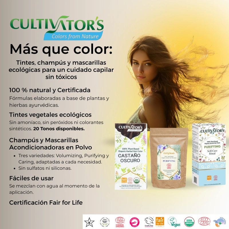 Infografía de la marca Cultivator’s con tintes vegetales, champús y mascarillas ecológicas. Productos sin tóxicos, aptos para veganos y formulados con ingredientes naturales certificados.