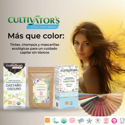 Cultivator’s con tintes vegetales, champús y mascarillas ecológicas. Productos sin tóxicos, aptos para veganos, distribuidos por CN Holística.