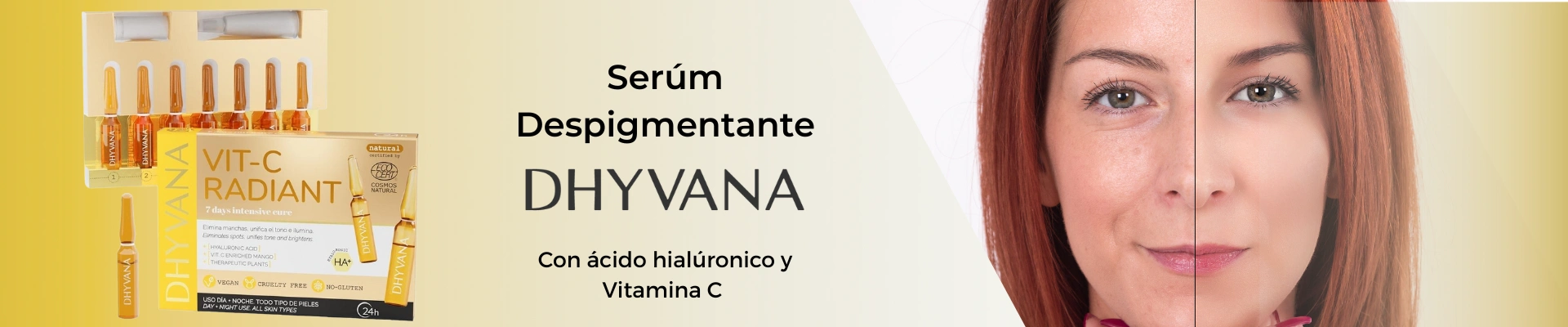 Banner del sérum despigmentante de vitamina C de Dhyvana, tratamiento facial antimanchas con ingredientes ecológicos y acción iluminadora.