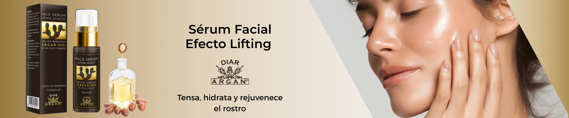 Banner del sérum efecto lifting de DiarArgan, tratamiento facial ecológico con aceite de argán y higo chumbo para una piel más firme, lisa y luminosa.