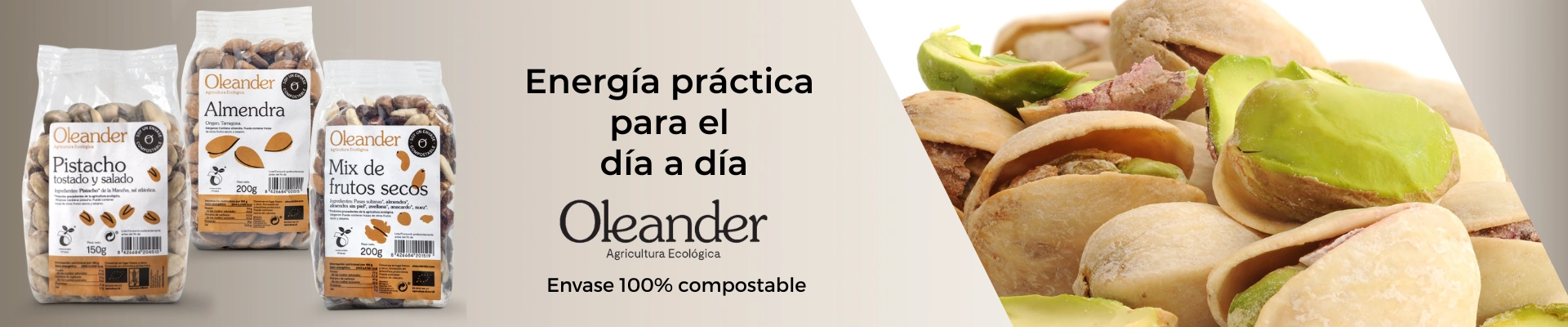Banner de frutos secos ecológicos Oleander Bio, sin aditivos ni azúcares añadidos, disponibles para distribución en tiendas y herbolarios.