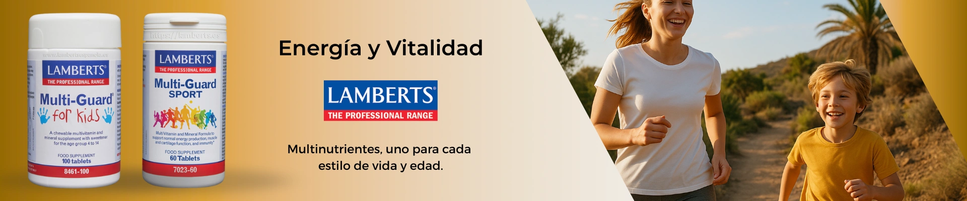 Imagen promocional de los multivitamínicos Lamberts Multi-Guard for Kids y Multi-Guard Sport, formulados para apoyar la energía, la vitalidad y el sistema inmunitario en niños y adultos