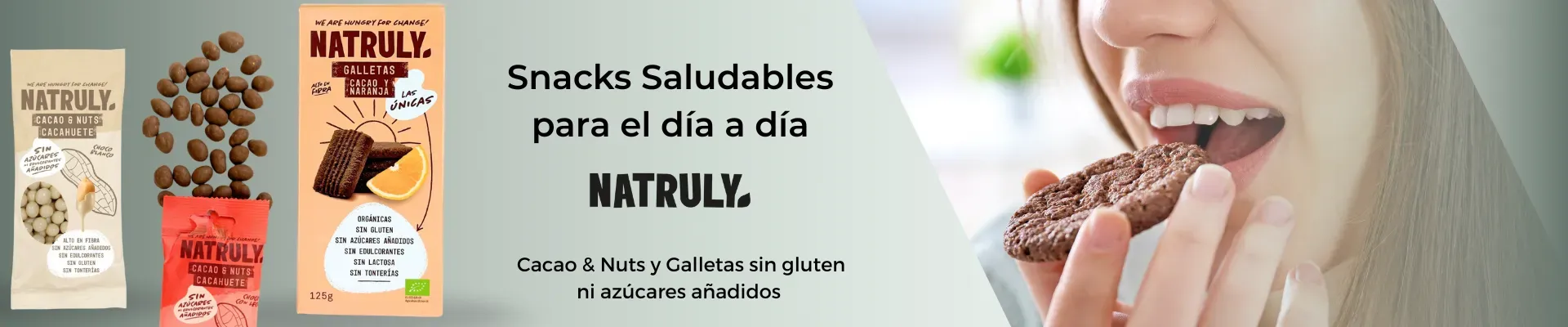 Snacks saludables de Natruly: galletas ecológicas y Cacao & Nuts sin azúcar añadido, sin gluten, ideales para una alimentación natural