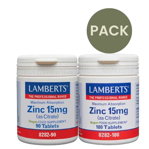 Pack Zinc 15 mg como citrato de Lamberts, formatos 90 y 180 tabletas, disponible en Canarias