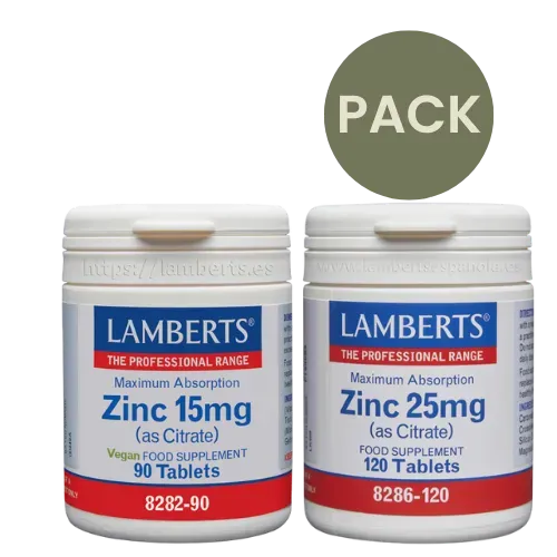 Pack de zinc como citrato de Lamberts 15 mg y 25 mg, alta biodisponibilidad, disponible en Canarias