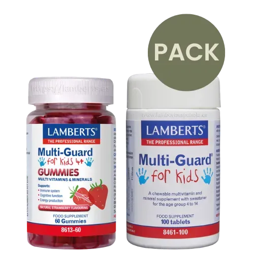 Pack infantil Lamberts con MultiGuard For Kids en tabletas y en gominolas, disponible en Canarias