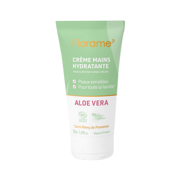 Crema de manos hidratante Aloe Vera Florame 50 ml, tubo verde y blanco